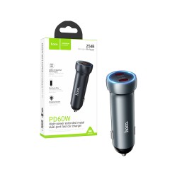 Carregador de Carro Hoco Z54B Prosperous 2 Portas Tipo-C PD60W Cinza metálico